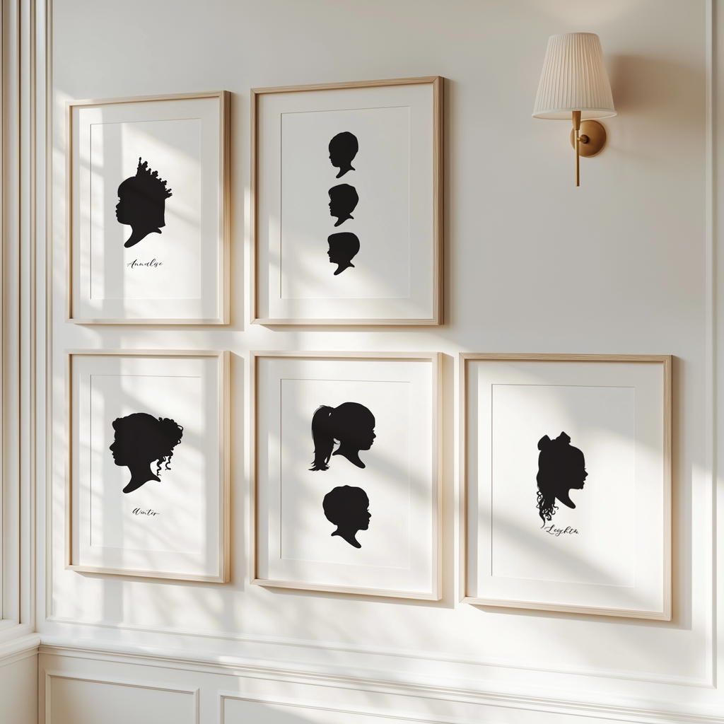Five framed Custom Hand-Drawn Silhouette Portraits of children displayed on a wall, with some frames containing multiple profiles and names written beneath as a personalized gift.